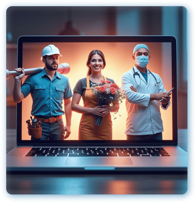 3 professionals coming out of a laptop, appearing 3d