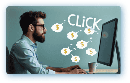 man on computer clicking and making money